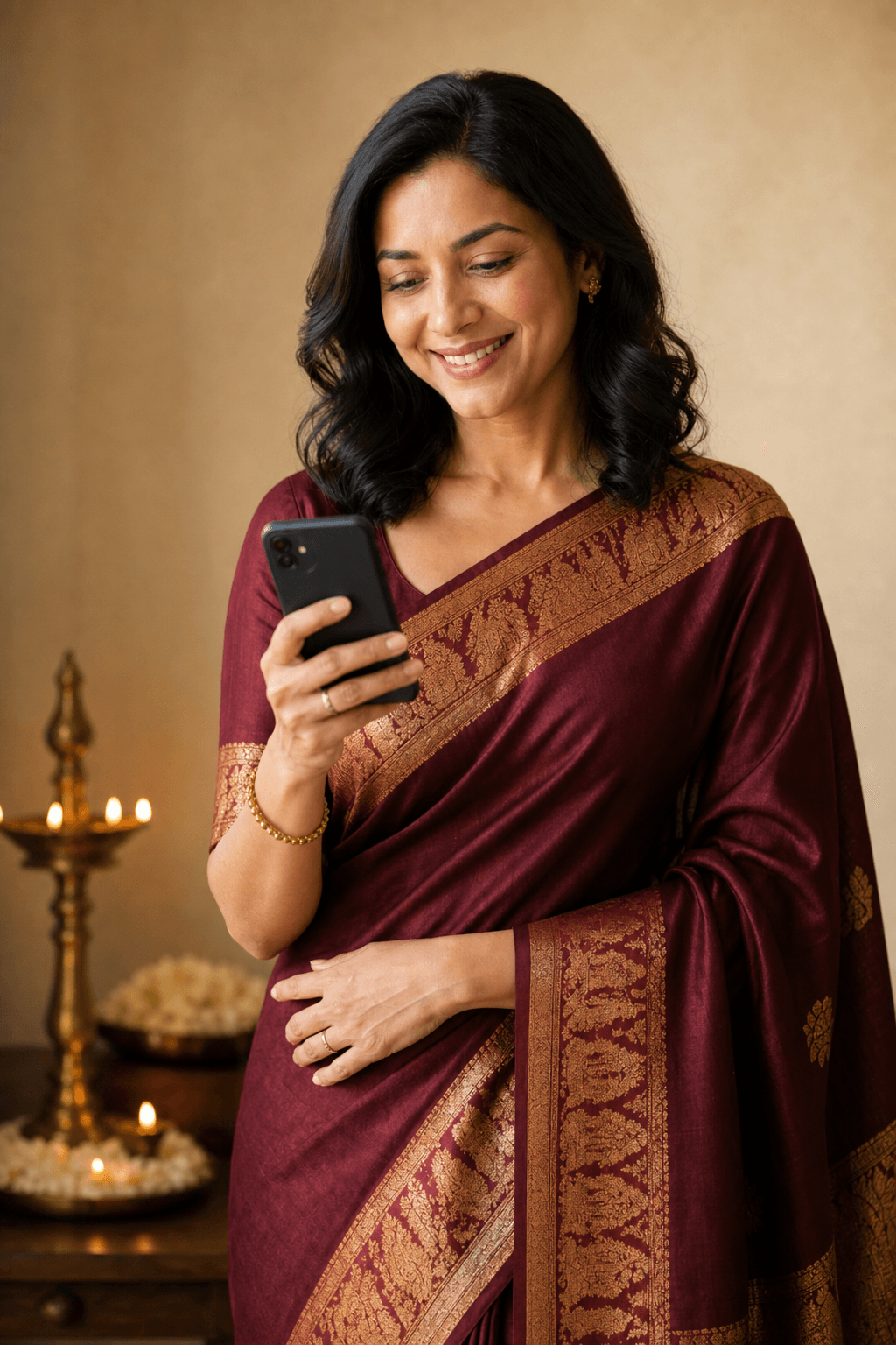 Meera smiling at cashback arriving on her phone