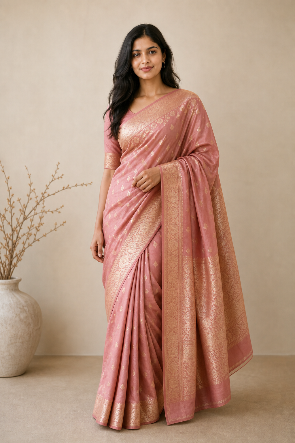 Young woman in a rose Banarasi saree