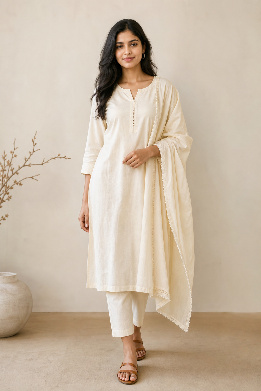 Young woman in an ivory kurta set