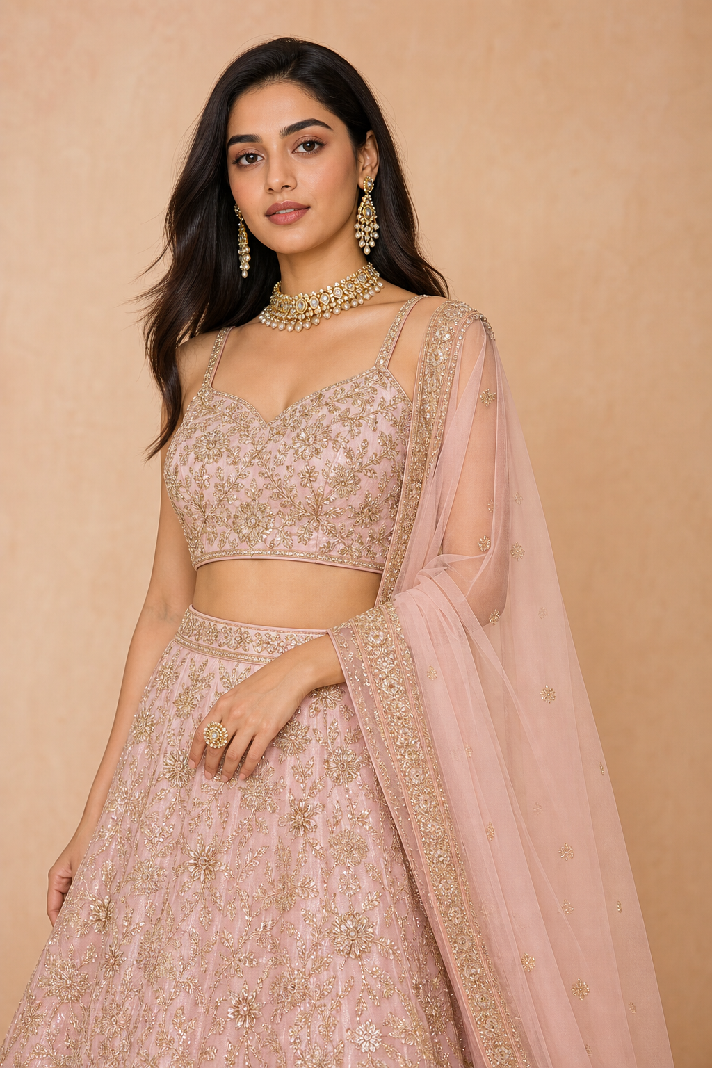 Young woman in a blush embroidered lehenga