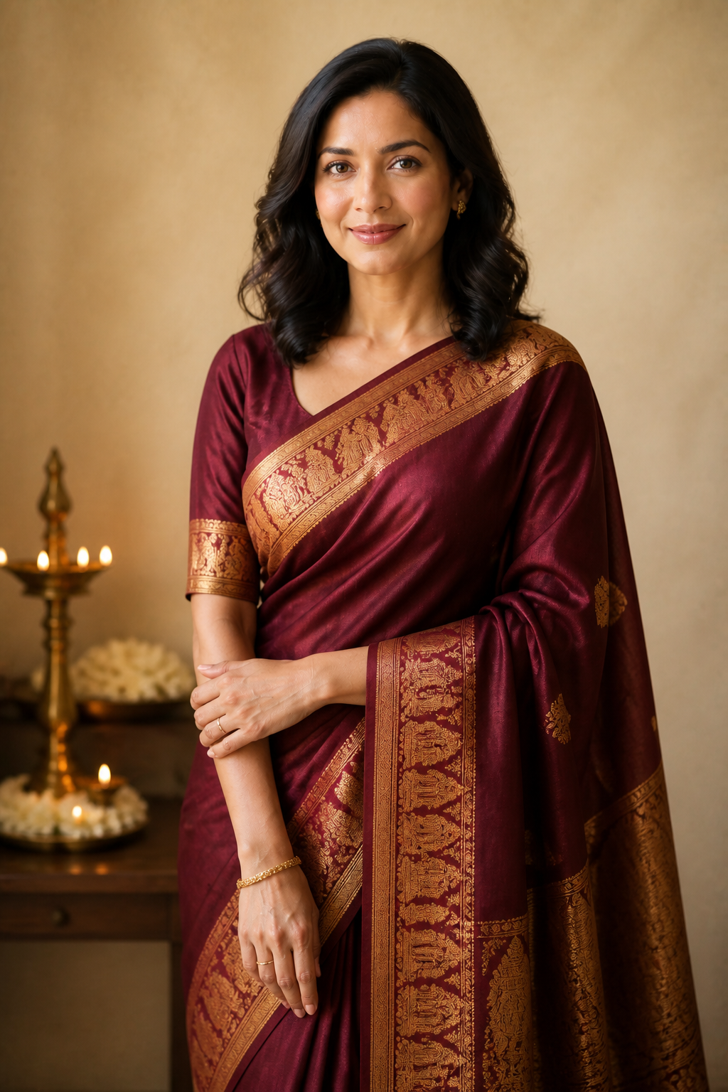 Elegant woman in a deep maroon silk saree