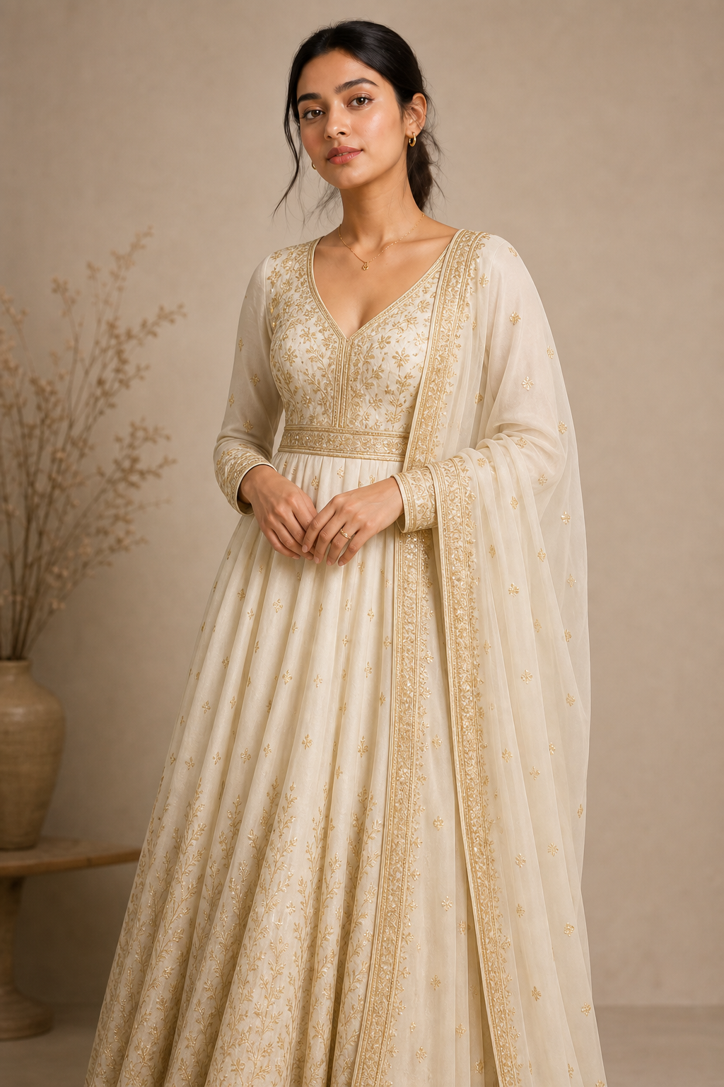 Young woman in an ivory and gold anarkali