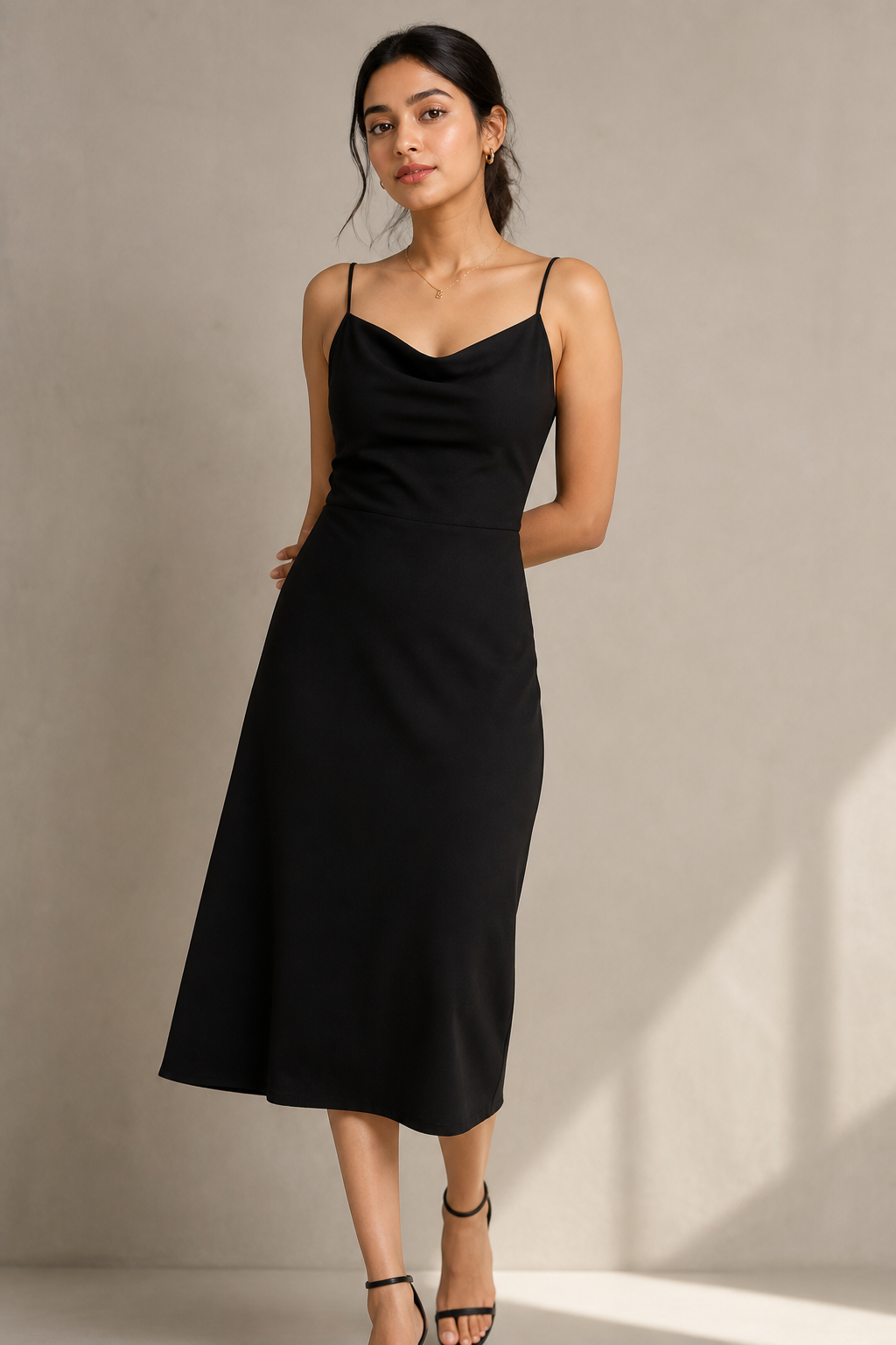 Young woman in a black midi dress