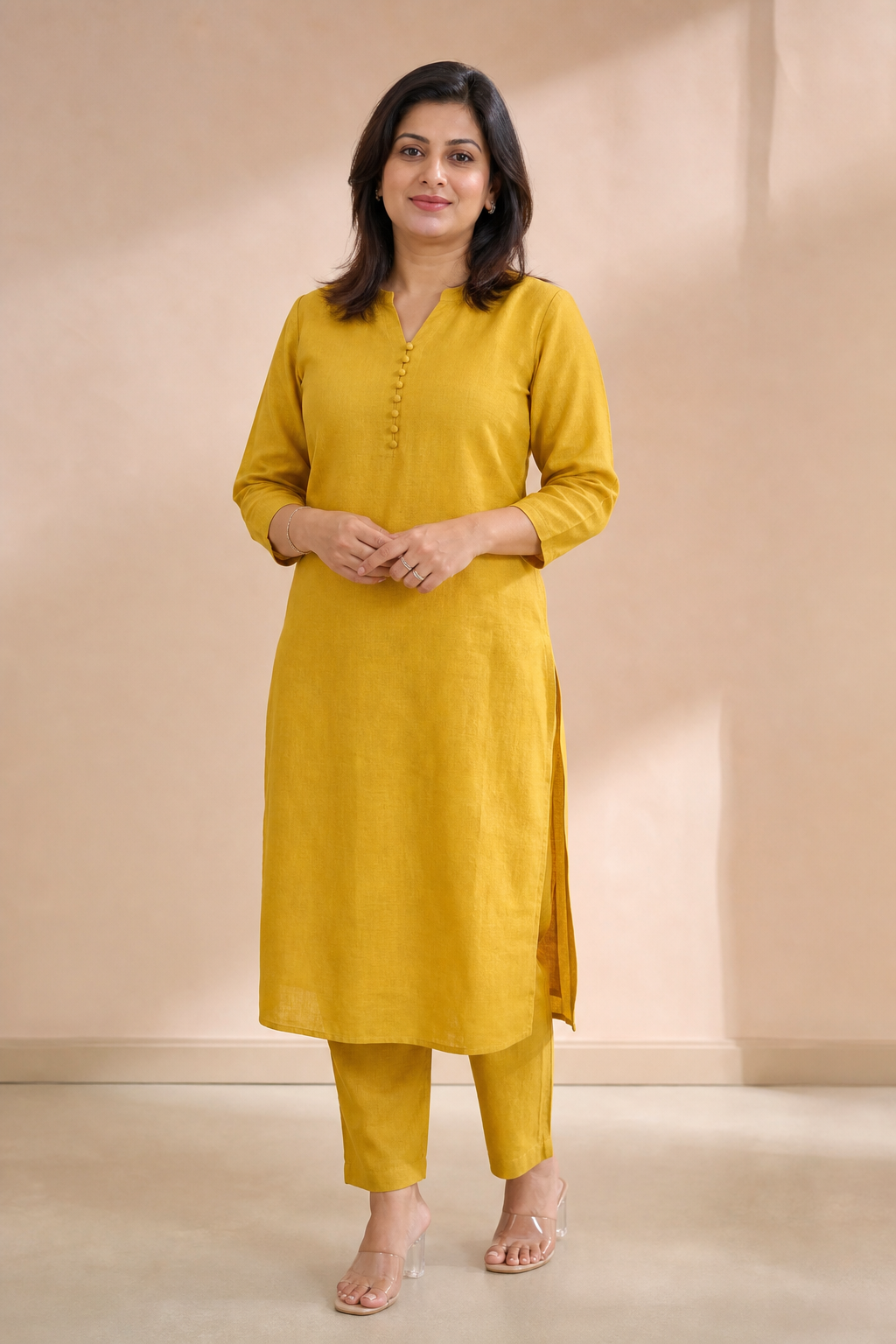 Woman in a mustard linen kurta