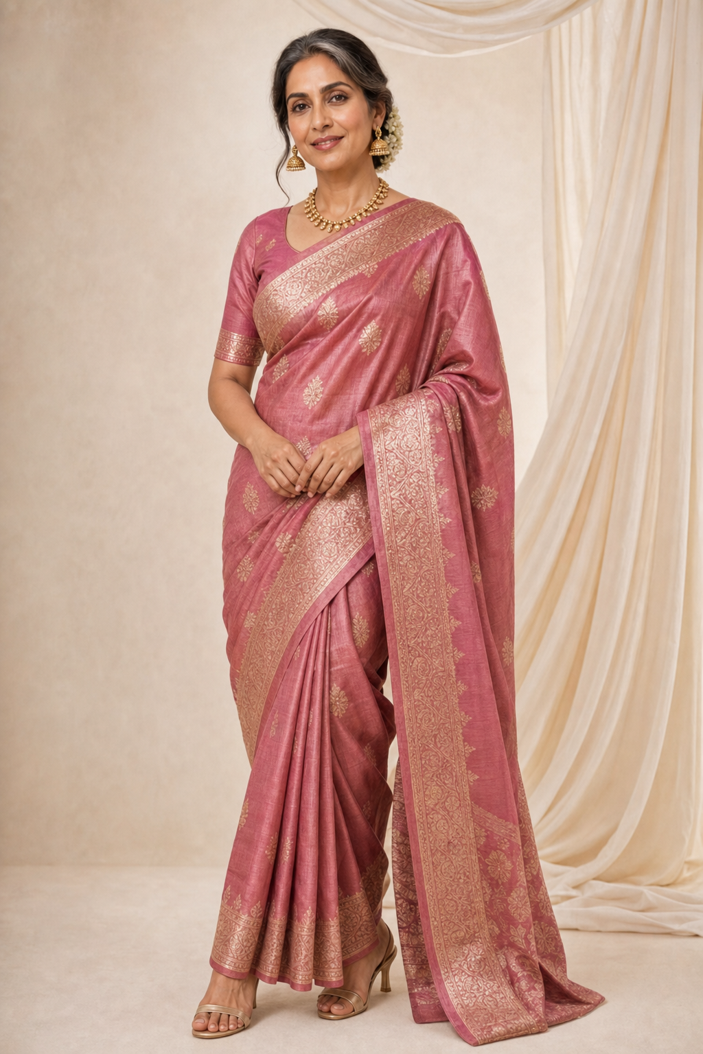 Elegant woman in a deep rose Banarasi saree, full three-quarter portrait showing the drape