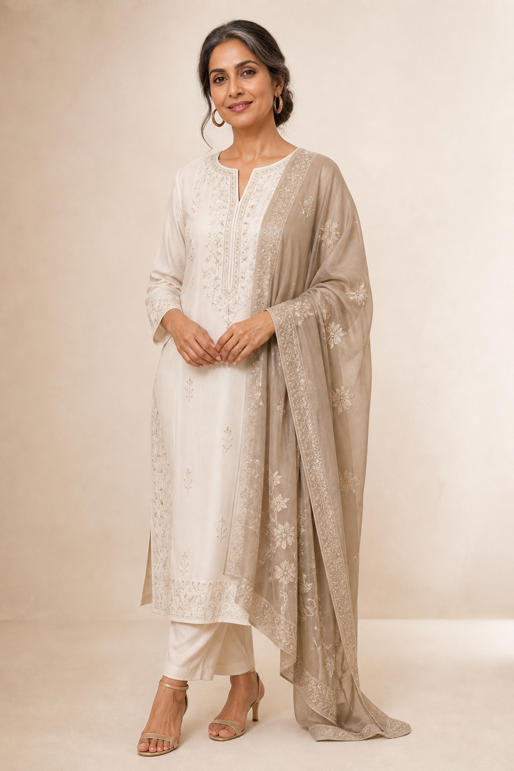 Elegant woman in an ivory embroidered kurta, full three-quarter portrait
