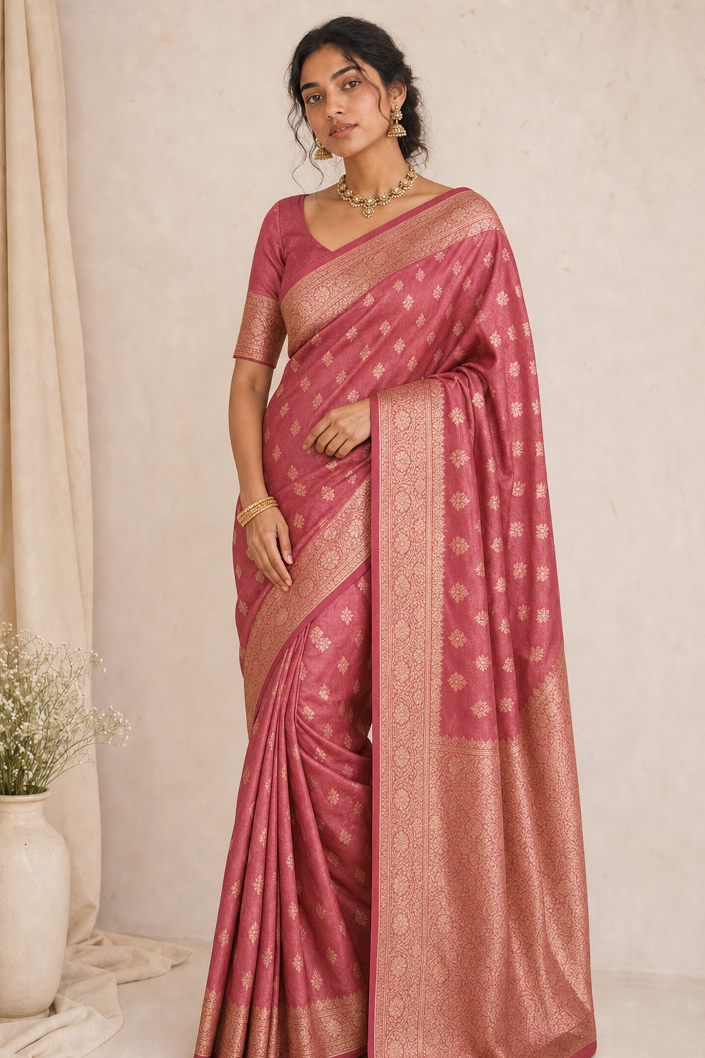 Young woman in a rose Banarasi saree, full three-quarter portrait showing the drape